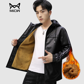 猫人（MiiOW）皮衣 男士加绒连帽字母印花PU皮夹克外套304A-820黑色XL