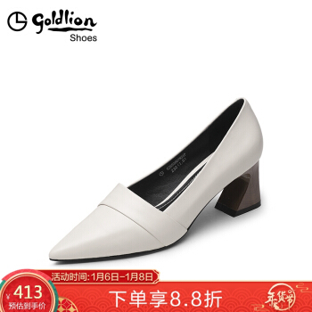 金利来（goldlion）女鞋尖头粗中跟简约浅口工作单鞋62693007821P-米白-36码