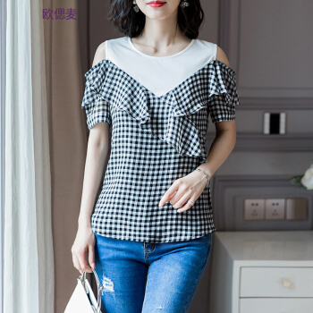 欧偲麦 格子雪纺衫女夏季荷叶边上衣短袖小衫女假两件圆领百搭韩版修身宽松时尚2018新款 1790 黑格 L