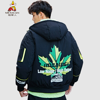 稻草人（MEXICAN）羽绒服男短款连帽2019冬季新品休闲时尚印花羽绒外套男装上衣 黑色 XL