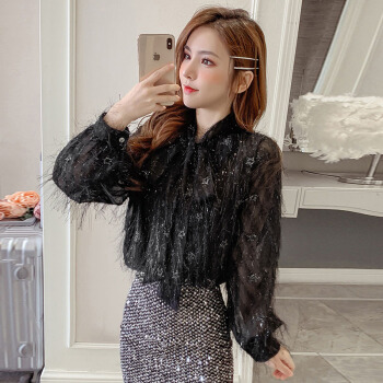 JOY OF JOY 2020春季女装复古上衣宽松气质流苏蝴蝶结长袖衬衫女 JWCC201491 黑色 M