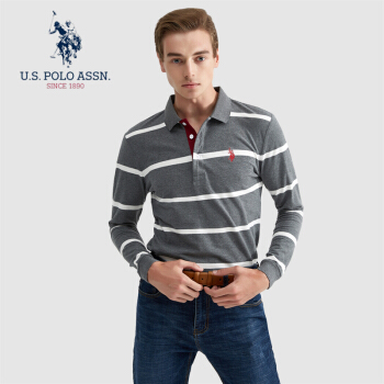 U.S.POLO ASSN. POLO衫 2019秋季新品商务休闲T恤男条纹简约宽松百搭长袖上衣Polo衫 6193105083 深灰 48