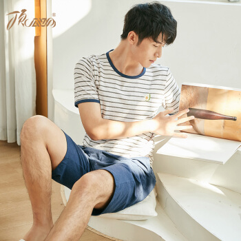 顶瓜瓜睡衣男春夏纯棉情侣家居服套装纯色舒适套头睡衣简约居家两件套ZY120022 白底蓝条男 180