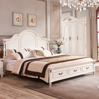 A家家具 床 美式简约实木脚架子床 欧式卧室家具大床双人床 1.5米框架床+床垫 XM009