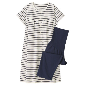 无印良品 無印良品 MUJI 孕妇 无侧缝天竺 便于哺乳短袖睡衣 米白色X横条 M-L