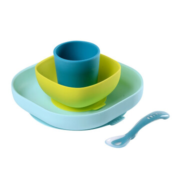 BEABA法国婴儿硅胶吸盘碗 宝宝餐具硅胶辅食碗勺套装 儿童餐盘 蓝色【四件套】