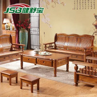 健舒宝 中式实木香樟木沙发组合+长茶几+方茶几+2小凳子