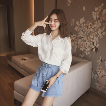 JOY OF JOY 京东女装2018秋装新款女衬衫中长款POLO领打底衫露肩长袖上衣 JWCC178335 白色 M