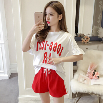朗悦女装 运动套装女2018夏季新款短袖T恤+学生短裤休闲套装宽松热裤两件套 LWTZ185219 红色1 L
