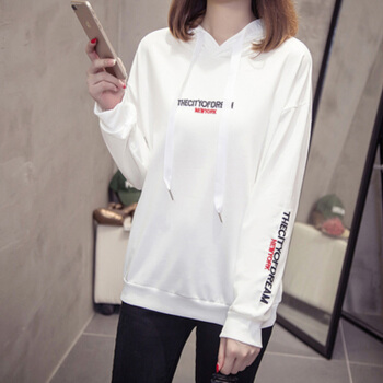 朗悦女装 长袖T恤女2019春季新款连帽卫衣学生刺绣t恤宽松上衣 LWTC188220白色L