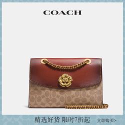 coach/蔻驰新品女士拼色经典标志parker山茶花手袋橙红色单肩包