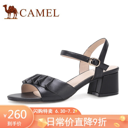 骆驼（CAMEL） 女鞋 优雅通勤羊皮小花瓣粗跟车缝线凉鞋 A020076187 黑色 38
