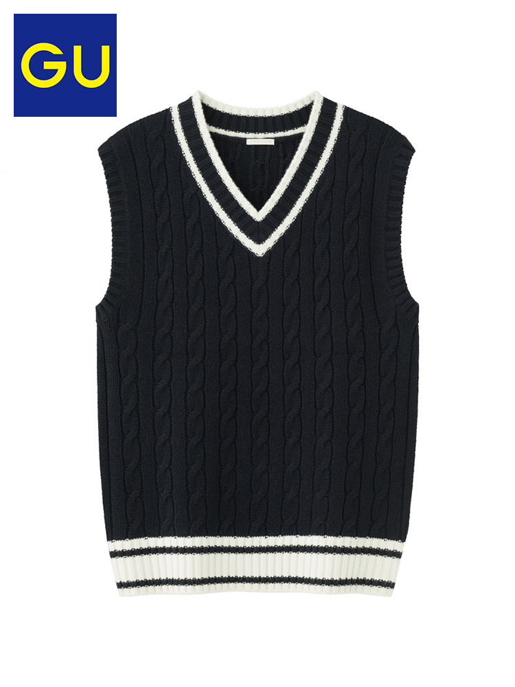GU极优女装V领针织背心流复古学院风领部线条纽花上衣外穿318664