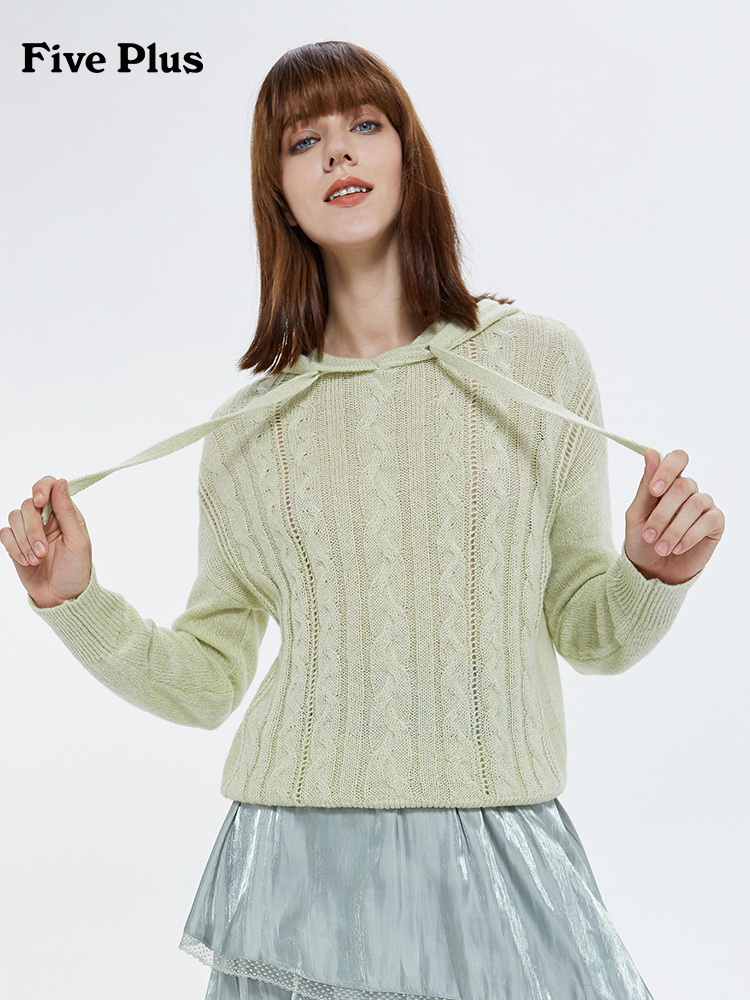 5+FIVE PLUS 新款女装长袖针织衫女宽松连帽套头衫薄纯色上衣