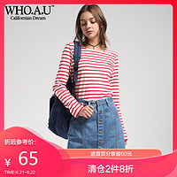 WHOAU夏季修身显瘦 圆领条纹女式长袖T恤时尚WHLS72101U