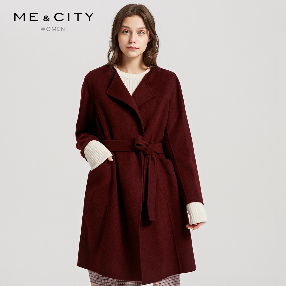 MECITY女装系带收腰修身A字无领纯羊双面呢大衣中长款
