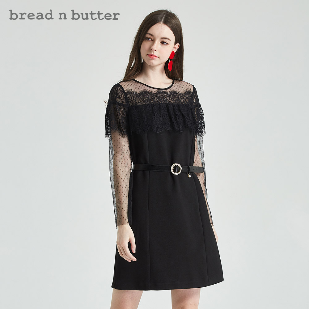 bread n butter圆领蕾丝网纱拼接短袖连衣裙