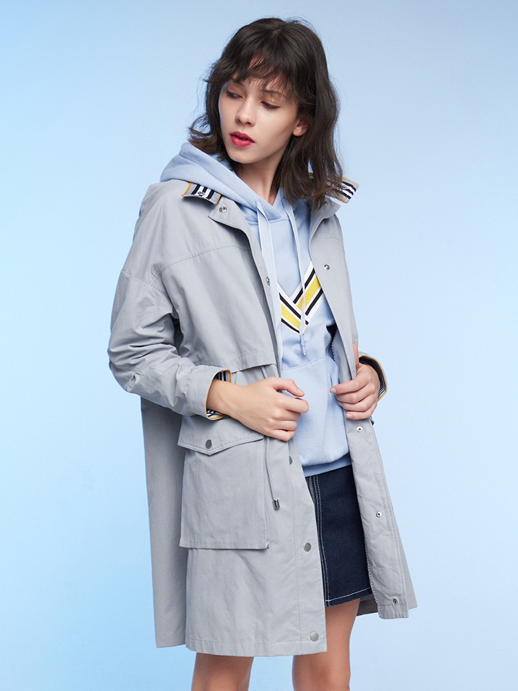 CacheCache春季新款学生工装BF风chic宽松外套潮蓝色风衣女中长款