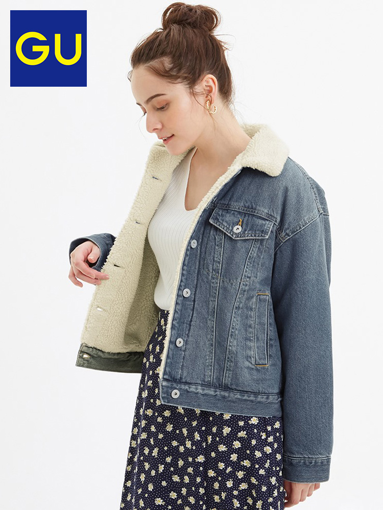 GU极优女装长绒牛仔茄克(水洗产品)复古牛仔外套2019新款冬320203