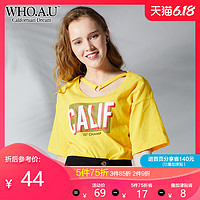 WHOAU短袖印花字母女新款 宽松项圈 t恤 韩版WHRA823C35