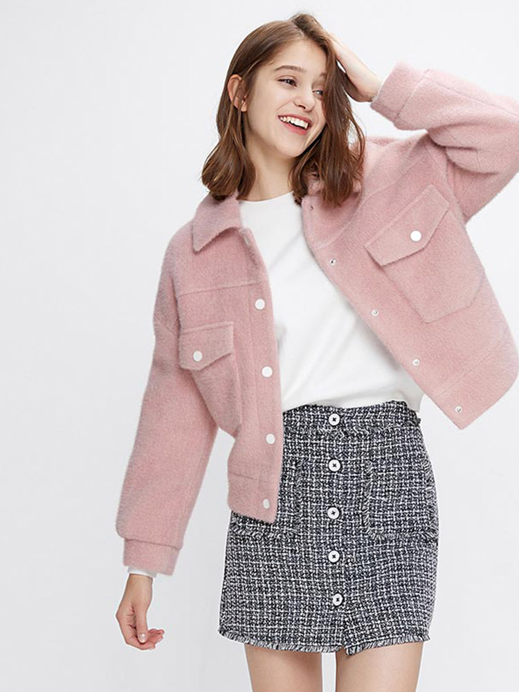 CacheCache宽松毛毛外套女2019春季新款潮粉色短款网红小香风上衣