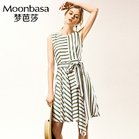 Moonbasa/梦芭莎连衣裙无袖夏季不规则收腰绑带天丝麻条纹裙子