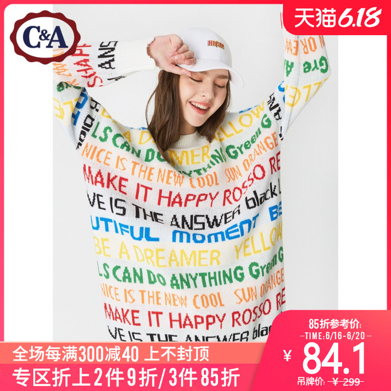 C&A彩色字母宽松套头毛衣女春季针织衫中长款上衣CA200210387-W0