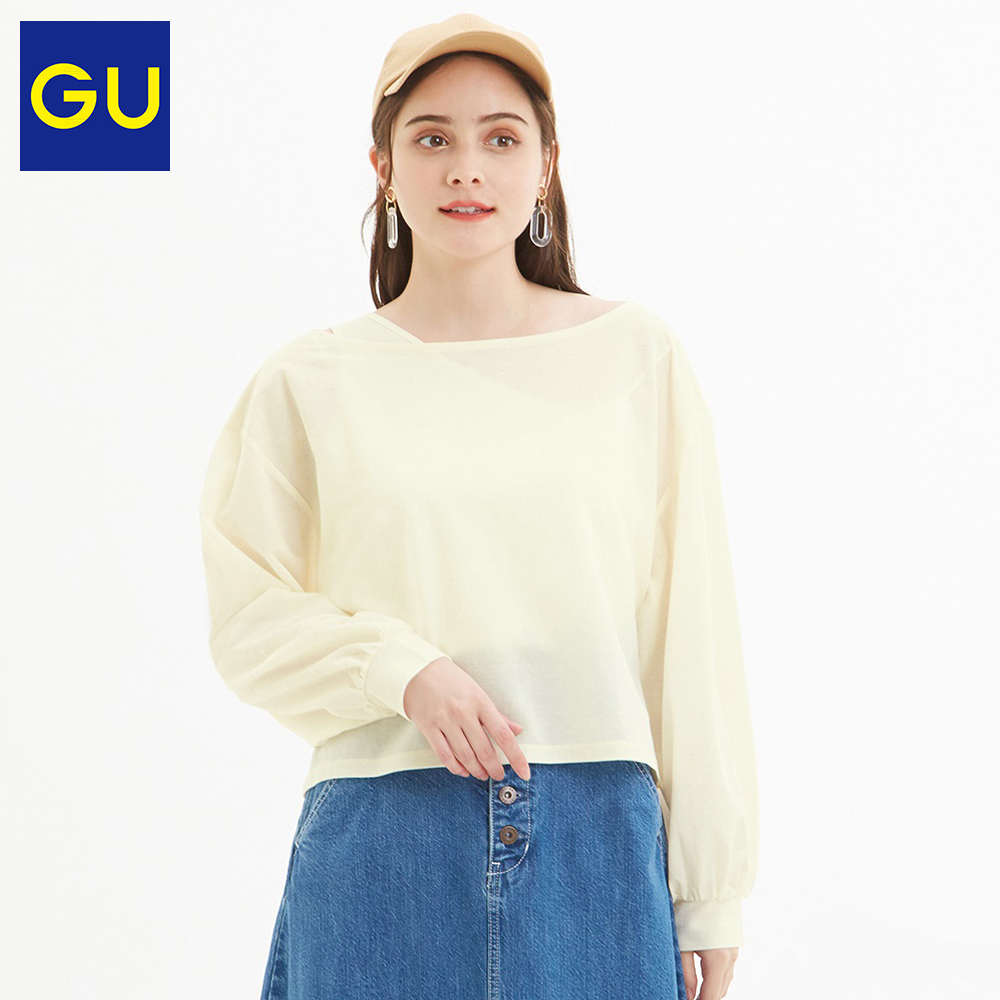 GU极优女装轻薄拼接T恤柔软舒适露肩心机上衣女秋季新款320174