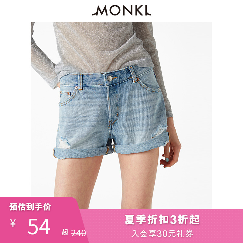 MONKI夏季 复古浅蓝色显瘦低腰短裤卷边破洞牛仔短裤女 0266291