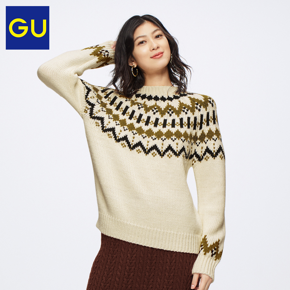 GU极优女装费尔岛图案针织衫2019秋冬新款时尚复古毛衣打底320147
