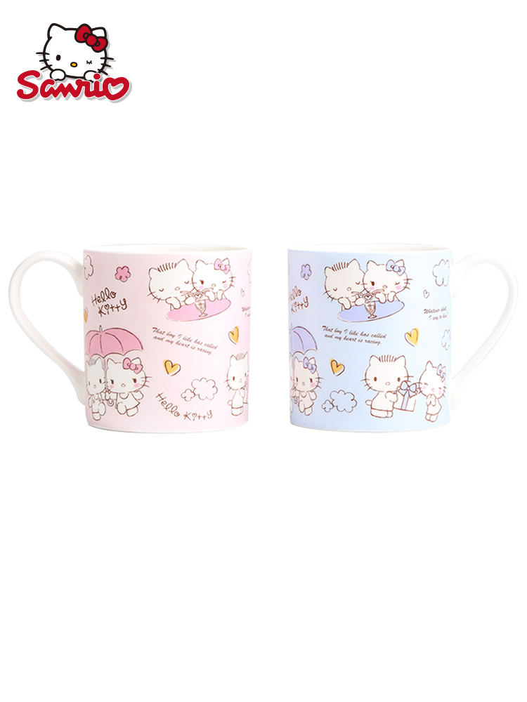 Sanrio 凯蒂猫 Hello Kitty可爱情侣对杯骨瓷杯带勺360ML女生礼盒装