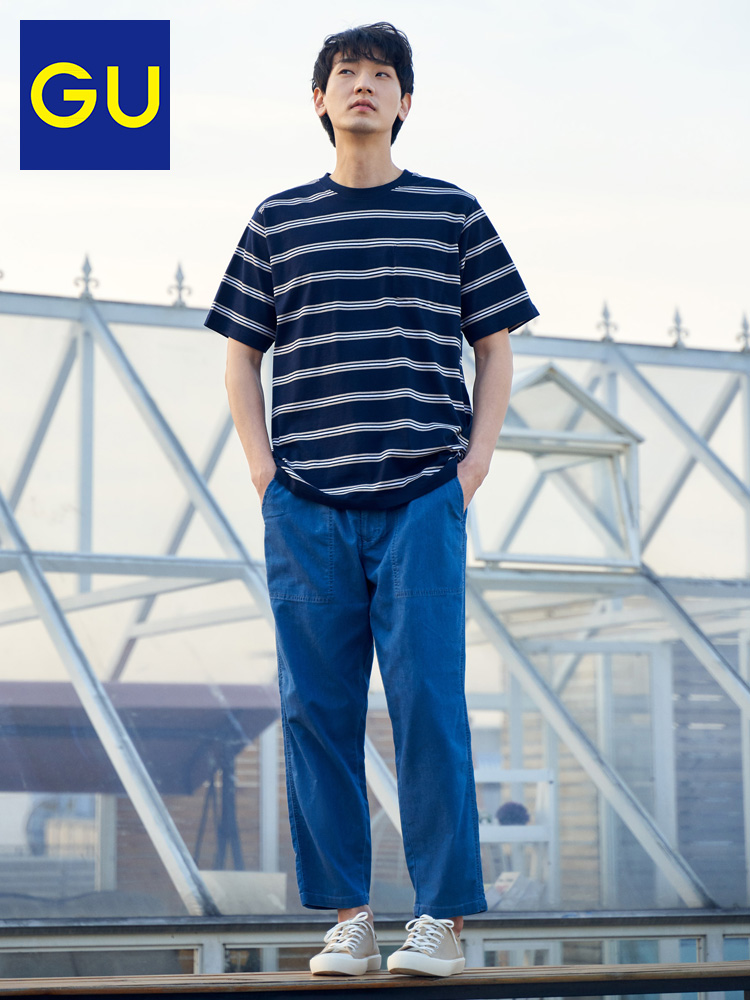 GU极优男装腰部罗纹牛仔九分裤水洗产品时尚潮流抽绳松紧裤323403