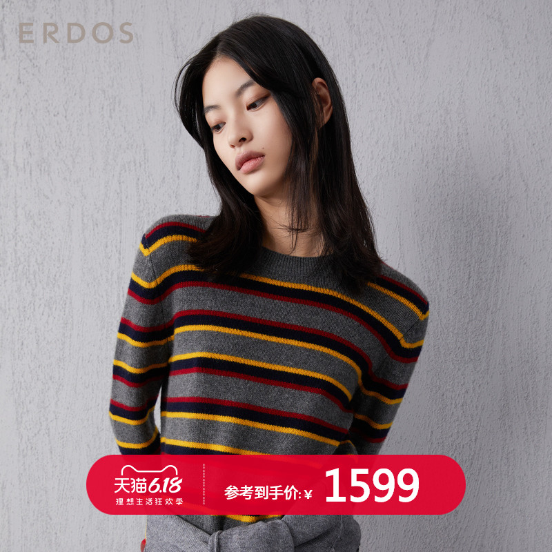 ERDOS 简约圆领复古夹条女士针织衫撞色条纹罗纹羊绒衫