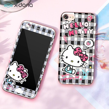 X-doria Hellokitty苹果7/8钢化膜前后膜套装 iPhone7/8全屏覆盖卡通手机贴膜 防刮软边彩膜 萌沁格子凯蒂
