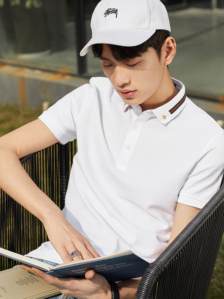 太平鸟男装 夏季新品男士翻领刺绣POLO衫韩版纯棉商务休闲上衣潮 M 白色