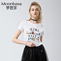 Moonbasa/梦芭莎T恤女短袖休闲女装合体款字母印花上衣打底衫 M 白色