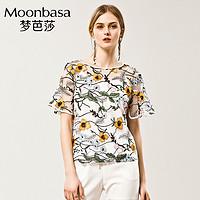 Moonbasa 梦芭莎 民族风夏装女绣花短袖上衣文艺透视装两件套时尚 M 白色
