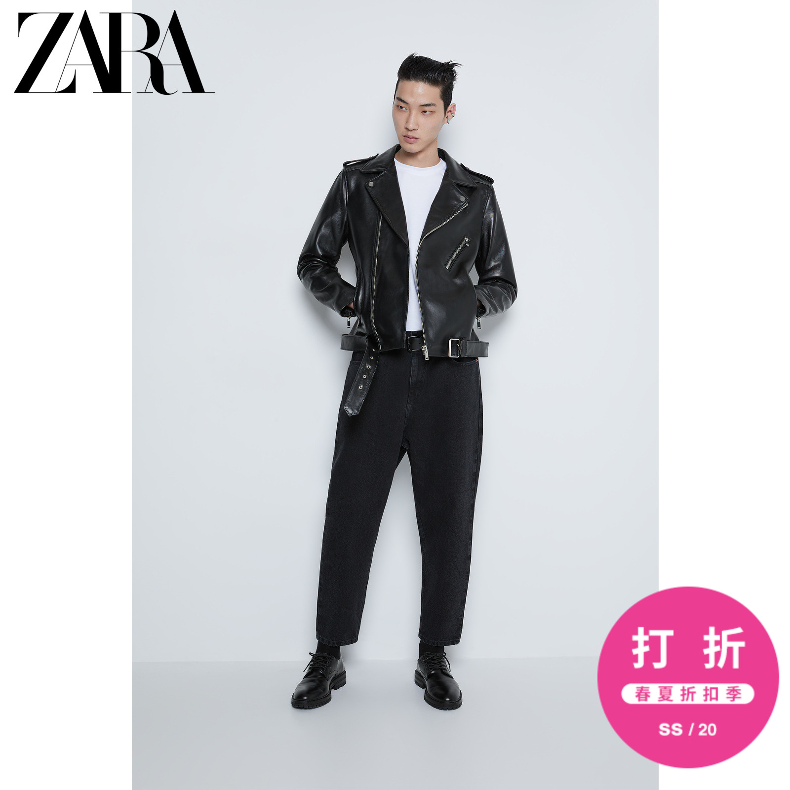 ZARA 新款 男装 鼠年系列 机车款皮革夹克外套 00706492800 L (180/100A) 黑色
