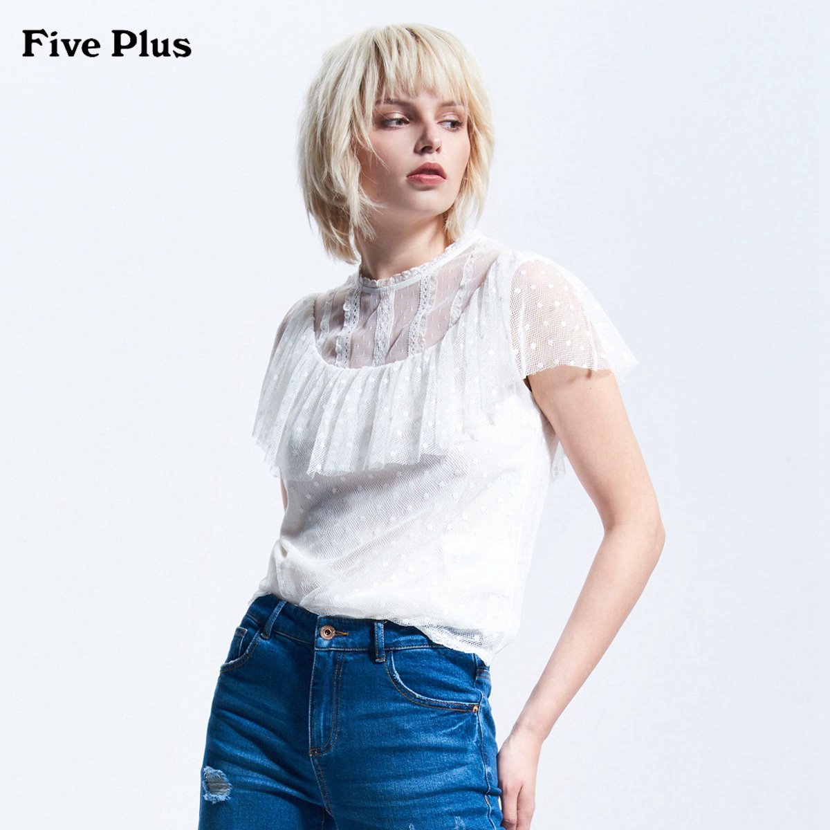5+FIVE PLUS新款女装蕾丝衬衫女短袖宽松圆领衬衣荷叶边 L 米白010