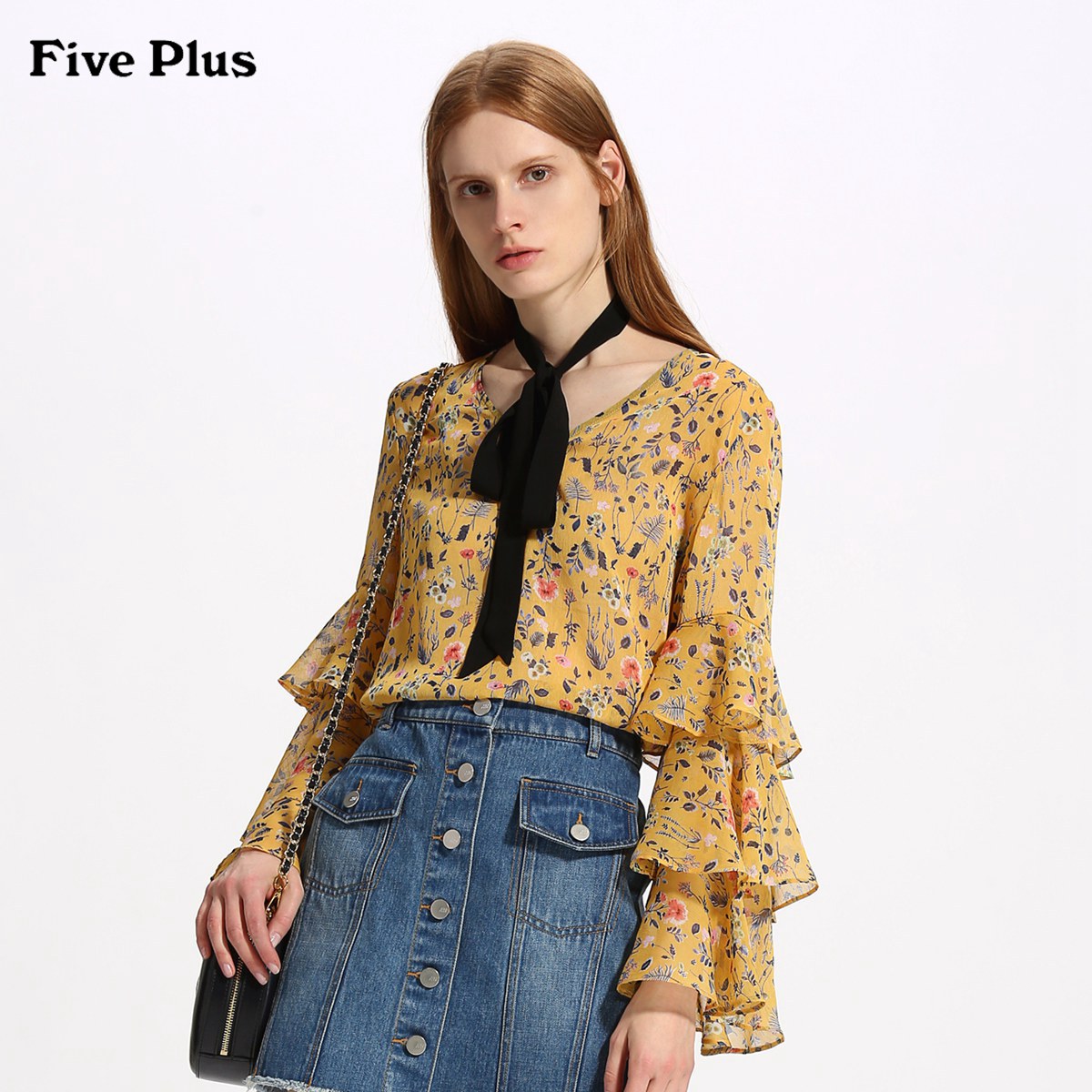 5+FIVE PLUS 新款女装雪纺衬衫女荷叶边喇叭袖碎花上衣长袖薄款 XS 黑色090