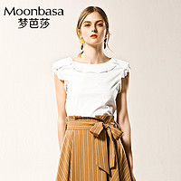 Moonbasa/梦芭莎优雅清凉荷叶边落肩宽松无袖T恤女短款夏季新款 S 粉色