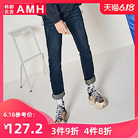 AMH潮牌牛仔裤男2020春夏修身时尚青年铅笔裤直筒潮牌厚小脚裤潮 S 黑色