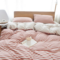 御棉堂 四件套纯棉全棉针织日式简约天竺棉被套床单枕套床上用品 棕红中条 1.5/1.8米床通用床单款