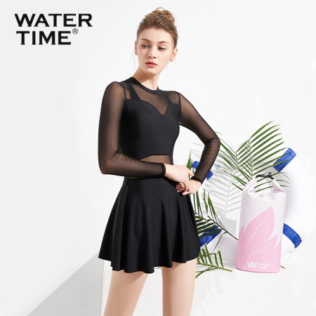 WATERTIME/蛙咚 2020新款游泳衣女连体显瘦遮肚性感保守网纱裙摆长袖防晒游泳装 黑色 M