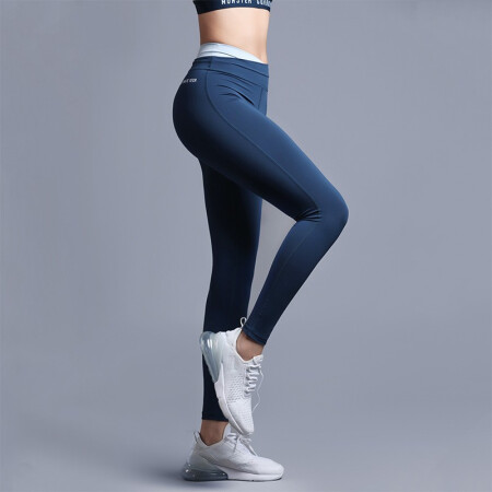 MSGD紧身裤 女子运动健身瑜伽长裤 拼色交叉腰提臀蜜桃臀设计瑜伽裤 翼羽蓝 L