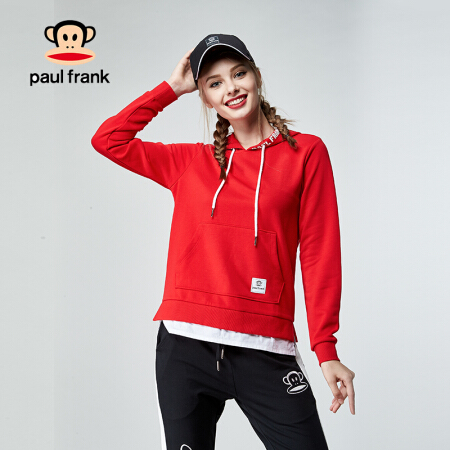 大嘴猴（PAUL FRANK） 新款活力时尚女装简约运动休闲百搭连帽套头卫衣外套 红色 L
