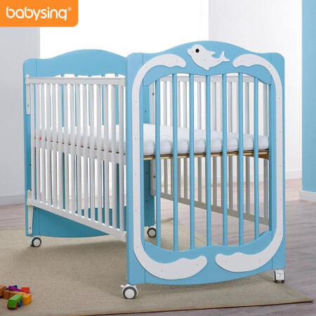 babysing婴儿床 多功能进口松木摇摇床边床实木宝宝摇篮床 海豚圆舞曲蓝白色
