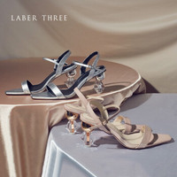Laber Three异形跟高跟鞋欧美不规则凉鞋银色中跟一字带坡跟厚底 银色 35