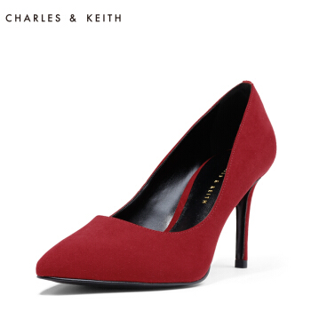 CHARLES&KEITH高跟鞋 CK1-60360884尖头金色高跟鞋单鞋 红色-绒面 36