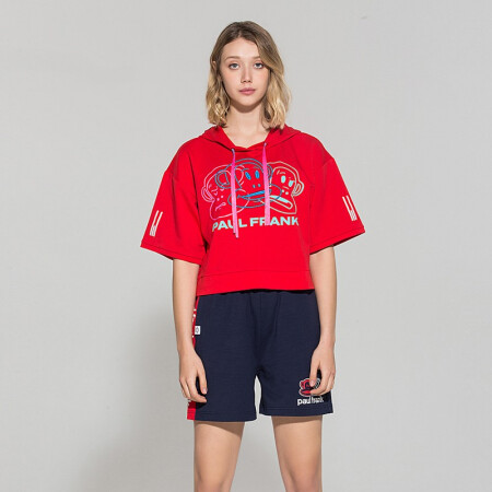 Paul Frank/大嘴猴 20年春夏连帽抽绳女款短袖宽松T恤休闲百搭短袖运动T恤女 红色 S